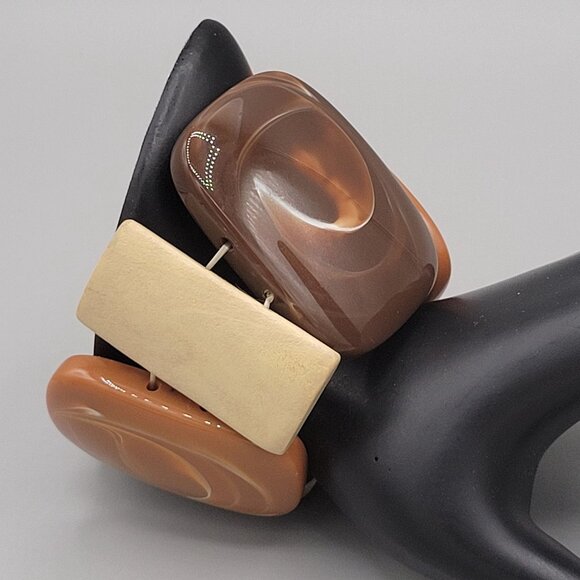 Chunky Brown Beige Stretch Bracelet With Large Oval Resin Marbled Beads - Picture 5 of 6